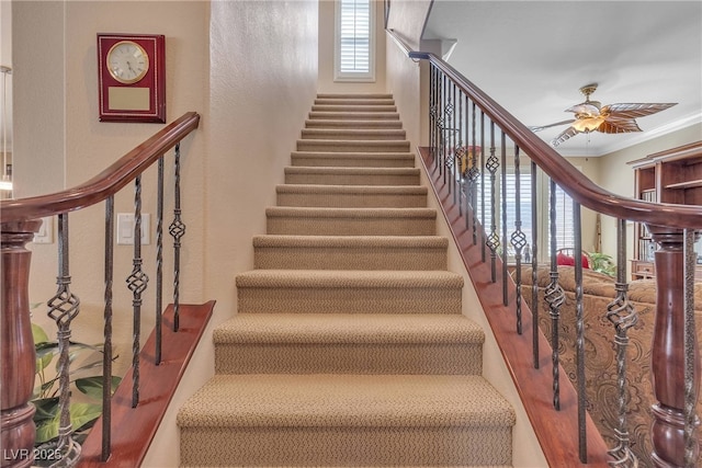 4408 Oasis Plains Ave, North Las Vegas, NV 89085 - staircase with crown molding, healthy amount of natural light, a textured wall, and a ceiling fan