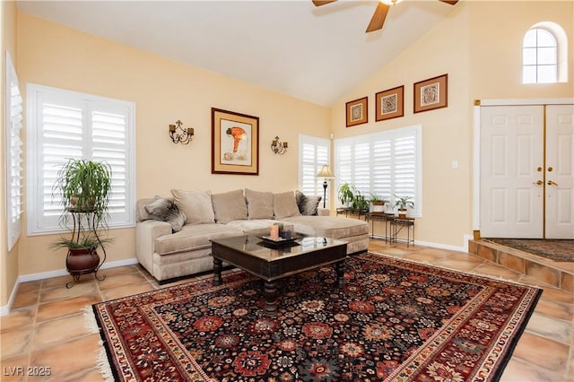 8875 Tidal Bay Dr, Las Vegas, NV 89117 - living room with ceiling fan and high vaulted ceiling