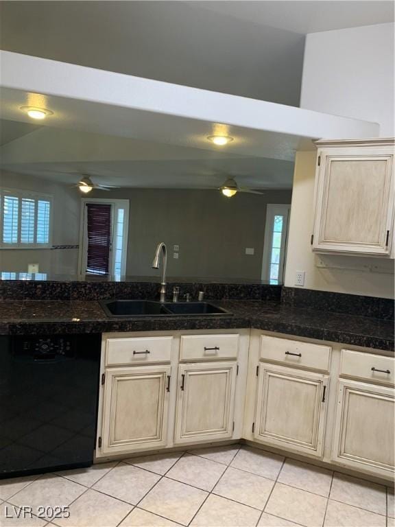 6704 Lost River Ct, Las Vegas, NV 89108 - kitchen featuring black dishwasher, a ceiling fan, and light tile patterned floors