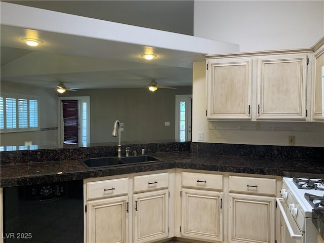 6704 Lost River Ct, Las Vegas, NV 89108 - kitchen with black dishwasher, a ceiling fan, white range with gas cooktop, and healthy amount of natural light