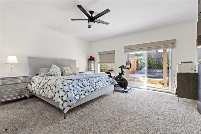 9612 Glengarry Dr, Las Vegas, NV 89129 - bedroom featuring access to outside, multiple windows, dark colored carpet, and ceiling fan