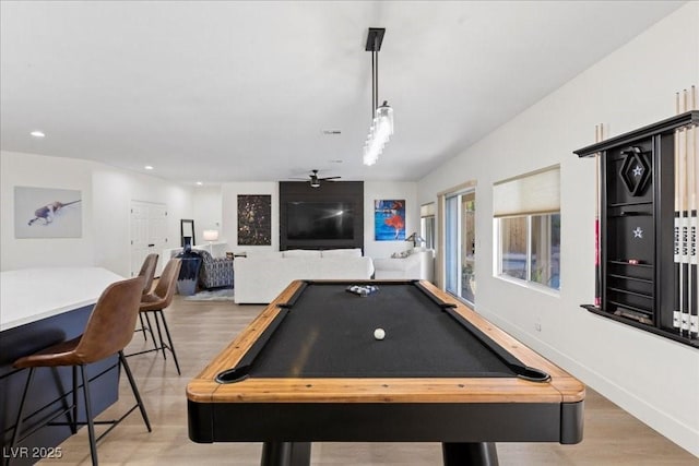 9612 Glengarry Dr, Las Vegas, NV 89129 - playroom featuring light wood-style flooring, recessed lighting, a ceiling fan, and billiards table