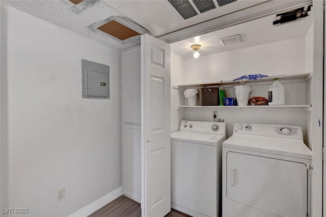 9070 Spring Mountain Rd Unit 114, Las Vegas, NV 89117 - laundry area featuring washer and dryer, electric panel, and dark wood finished floors