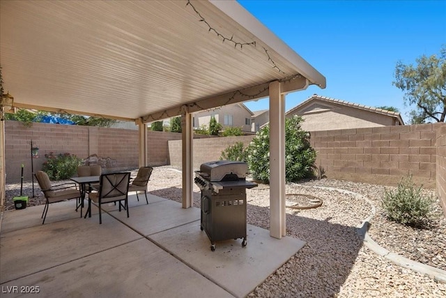 8563 Red Diamond St, Las Vegas, NV 89123 - fenced backyard featuring outdoor dining space, a grill, and a patio area
