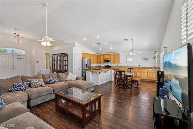7927 Villa Salsa Ave, Las Vegas, NV 89131 - living room with a ceiling fan, lofted ceiling, dark wood-style flooring, and recessed lighting