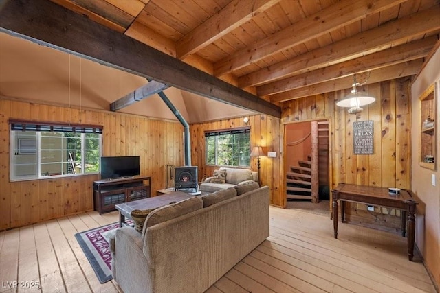 4581 Aspen Ave, Mount Charleston, NV 89124 - living room featuring light wood-type flooring, a wood stove, wood walls, stairway, and a wood ceiling with exposed beams