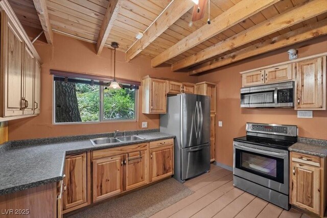 4581 Aspen Ave, Mount Charleston, NV 89124 - kitchen with appliances with stainless steel finishes, a wood ceiling with exposed beams, dark countertops, light wood-style flooring, and pendant lighting