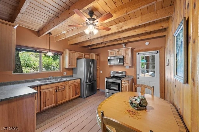 4581 Aspen Ave, Mount Charleston, NV 89124 - kitchen with appliances with stainless steel finishes, a wood ceiling with exposed beams, light wood-style floors, dark countertops, and ceiling fan