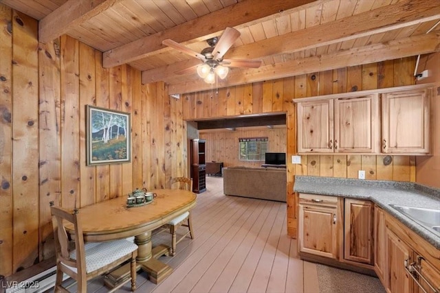 4581 Aspen Ave, Mount Charleston, NV 89124 - dining area with a wooden ceiling with exposed beams, a ceiling fan, wood walls, and light wood-style flooring
