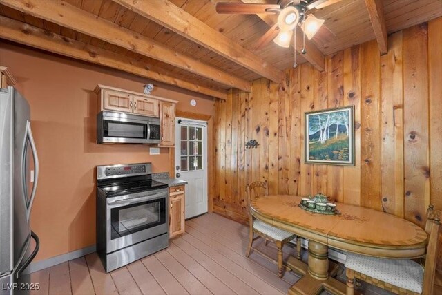 4581 Aspen Ave, Mount Charleston, NV 89124 - kitchen with stainless steel appliances, a wooden ceiling with exposed beams, wood walls, light wood finished floors, and ceiling fan