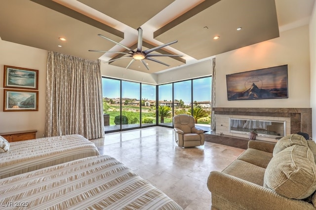 583 Saint Croix St, Henderson, NV 89012 - bedroom featuring access to outside, a glass covered fireplace, recessed lighting, and ceiling fan