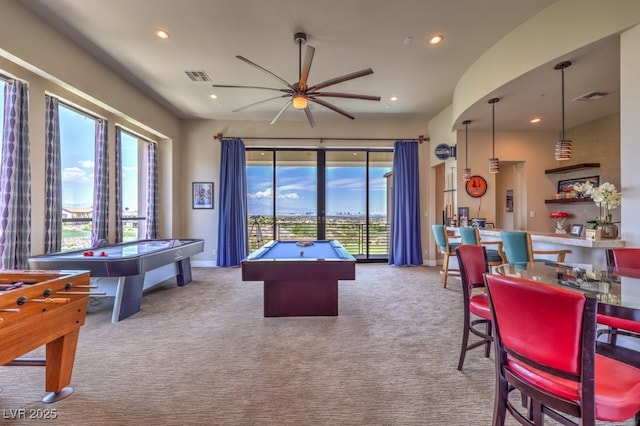 583 Saint Croix St, Henderson, NV 89012 - playroom featuring billiards table, carpet floors, ceiling fan, and recessed lighting