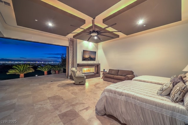 583 Saint Croix St, Henderson, NV 89012 - bedroom featuring a lit fireplace, a ceiling fan, recessed lighting, and coffered ceiling