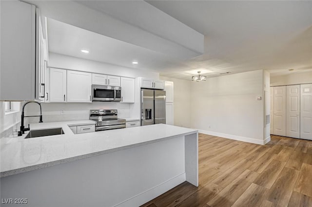 2725 S Nellis Blvd Unit 2036, Las Vegas, NV 89121 - kitchen featuring appliances with stainless steel finishes, a chandelier, a peninsula, light wood-type flooring, and white cabinetry