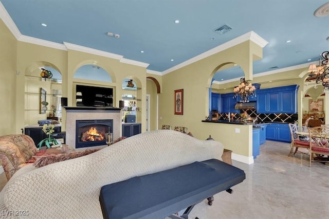 2200 Glenbrook Way, Las Vegas, NV 89117 - bedroom with a warm lit fireplace, recessed lighting, arched walkways, a chandelier, and crown molding