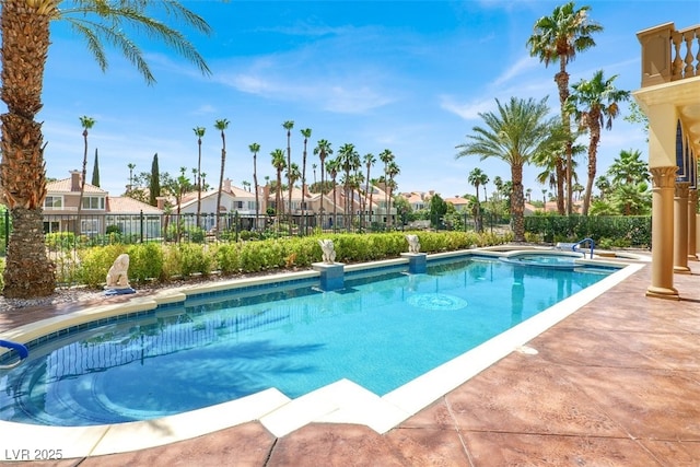 2200 Glenbrook Way, Las Vegas, NV 89117 - view of swimming pool with a fenced backyard, a residential view, a pool with connected hot tub, and a patio area