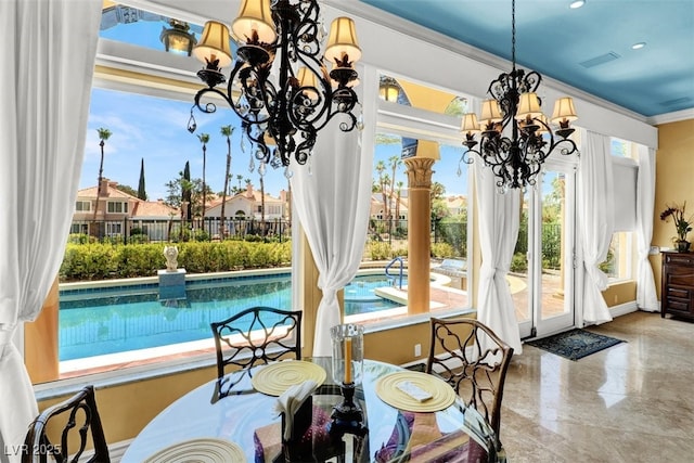 2200 Glenbrook Way, Las Vegas, NV 89117 - dining room with a chandelier, crown molding, and recessed lighting