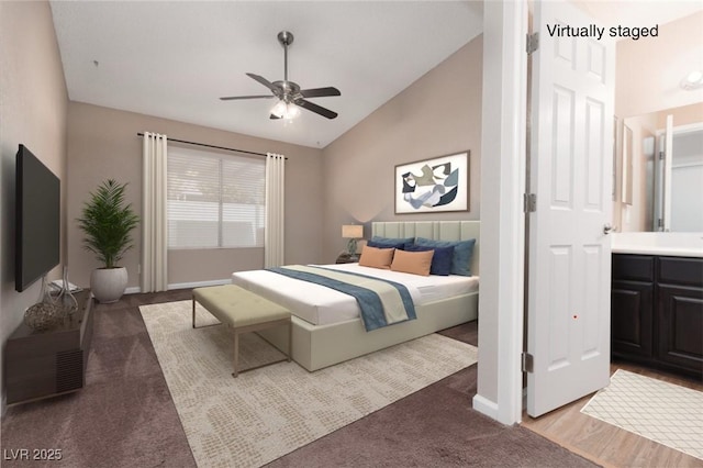 317 Brent Ct, Henderson, NV 89074 - carpeted bedroom with lofted ceiling and ceiling fan