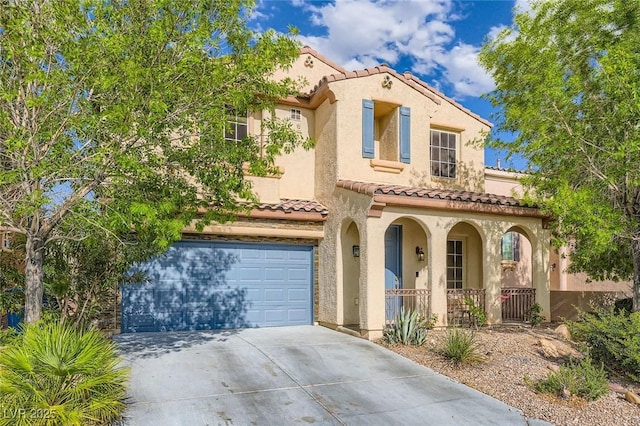 10428 Mulvaney Cir, Las Vegas, NV 89141 - mediterranean / spanish house featuring covered porch, a tiled roof, concrete driveway, and stucco siding