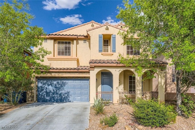 10428 Mulvaney Cir, Las Vegas, NV 89141 - mediterranean / spanish home with covered porch, a tile roof, concrete driveway, and an attached garage
