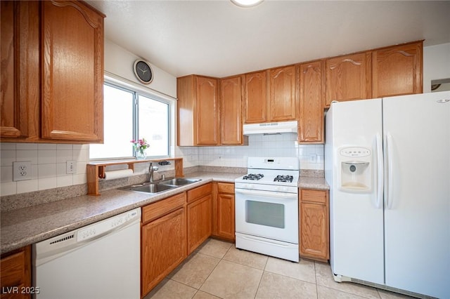 4616 E Idaho Ave, Las Vegas, NV 89104 - kitchen featuring white appliances, under cabinet range hood, decorative backsplash, and light tile patterned floors