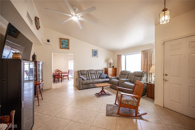 4616 E Idaho Ave, Las Vegas, NV 89104 - living area with lofted ceiling, a ceiling fan, and light tile patterned floors