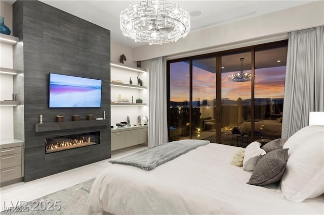 387 Solitude Peak Ln, Henderson, NV 89012 - tiled bedroom with a chandelier, a large fireplace, and access to outside