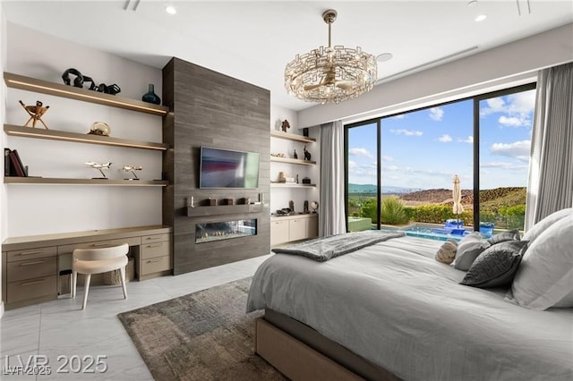 387 Solitude Peak Ln, Henderson, NV 89012 - bedroom with a large fireplace, a chandelier, and recessed lighting