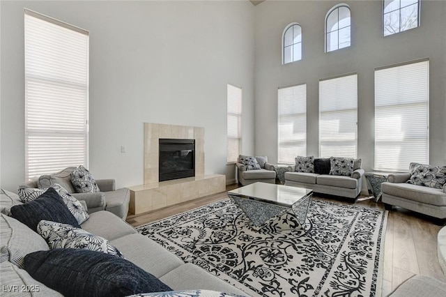 2496 Ram Crossing Way, Henderson, NV 89074 - living area featuring wood finished floors, a high ceiling, and a fireplace