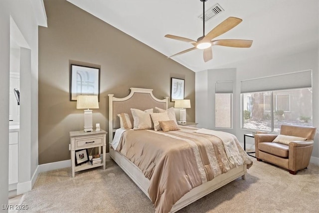 9540 Eagle Valley Dr, Las Vegas, NV 89134 - bedroom with lofted ceiling, light colored carpet, and a ceiling fan