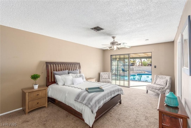 5905 Paseo Montana, Las Vegas, NV 89108 - bedroom with access to exterior, carpet flooring, a textured ceiling, and a ceiling fan