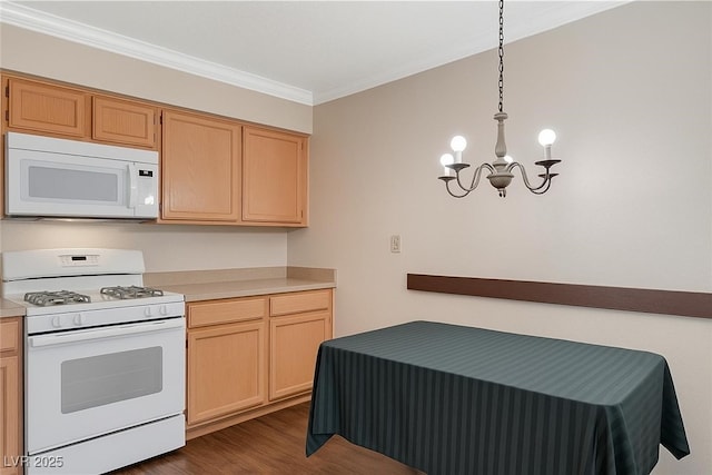 2132 Chertsey Dr Unit B, Las Vegas, NV 89108 - kitchen featuring white appliances, a chandelier, crown molding, light countertops, and dark wood finished floors
