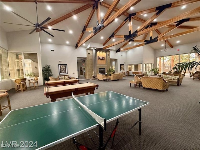 9050 Warm Springs Rd Unit 2050, Las Vegas, NV 89148 - playroom featuring high vaulted ceiling, carpet, beamed ceiling, billiards table, and ceiling fan
