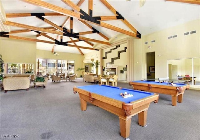 9050 Warm Springs Rd Unit 2050, Las Vegas, NV 89148 - playroom featuring high vaulted ceiling, carpet, pool table, and beam ceiling
