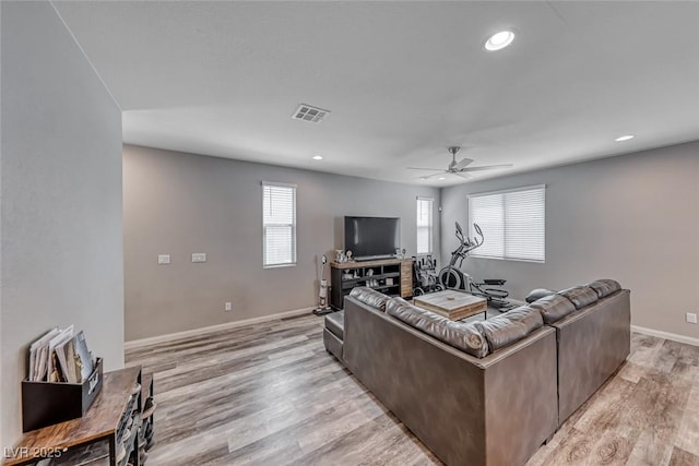 6335 Pacific Sky St, North Las Vegas, NV 89081 - living room featuring a ceiling fan, recessed lighting, and light wood finished floors