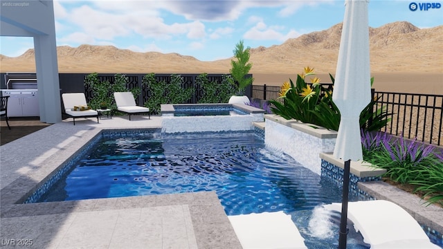 2004 Peaceful Mesa Ct, Henderson, NV 89052 - view of pool featuring a mountain view, a fenced backyard, a patio area, and a pool with connected hot tub