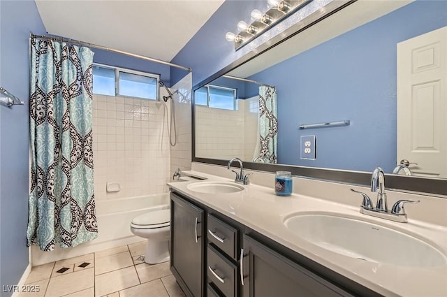 1325 Baychester Dr, Henderson, NV 89002 - full bathroom with shower / bathtub combination with curtain, double vanity, and tile patterned floors