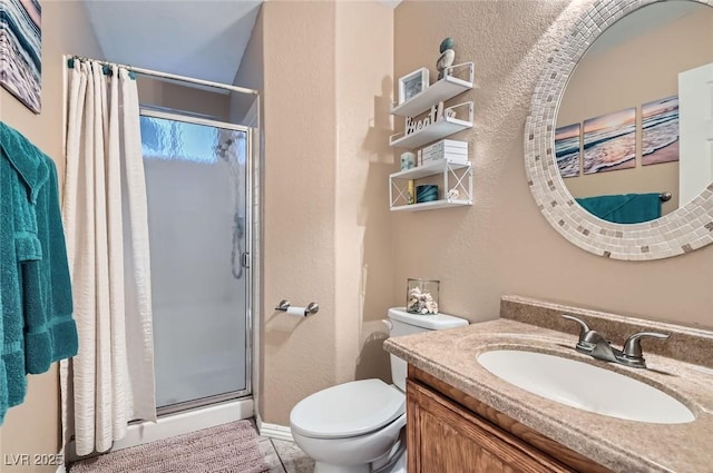 1325 Baychester Dr, Henderson, NV 89002 - bathroom with a stall shower, vanity, tile patterned floors, and a textured wall