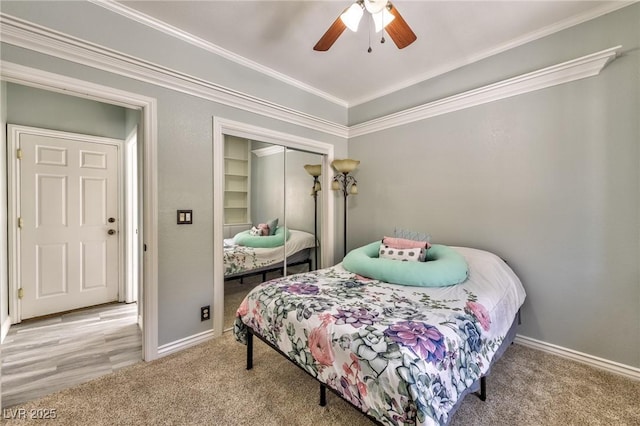 3525 Dover Bay St, Las Vegas, NV 89129 - bedroom with a closet, carpet flooring, crown molding, and a ceiling fan