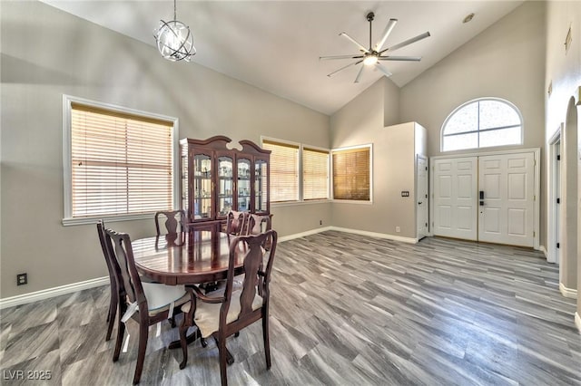 3525 Dover Bay St, Las Vegas, NV 89129 - dining space with high vaulted ceiling, wood finished floors, and a ceiling fan