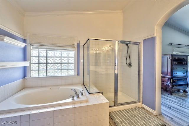 3525 Dover Bay St, Las Vegas, NV 89129 - full bath featuring a garden tub, a stall shower, crown molding, and wood finished floors