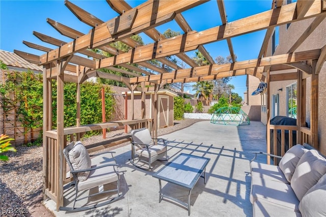 3525 Dover Bay St, Las Vegas, NV 89129 - fenced backyard with a patio, a pergola, and a shed