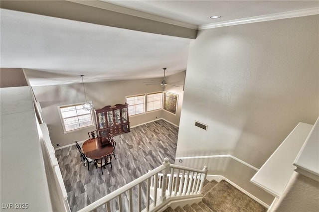 3525 Dover Bay St, Las Vegas, NV 89129 - stairs featuring a ceiling fan, crown molding, lofted ceiling, and recessed lighting