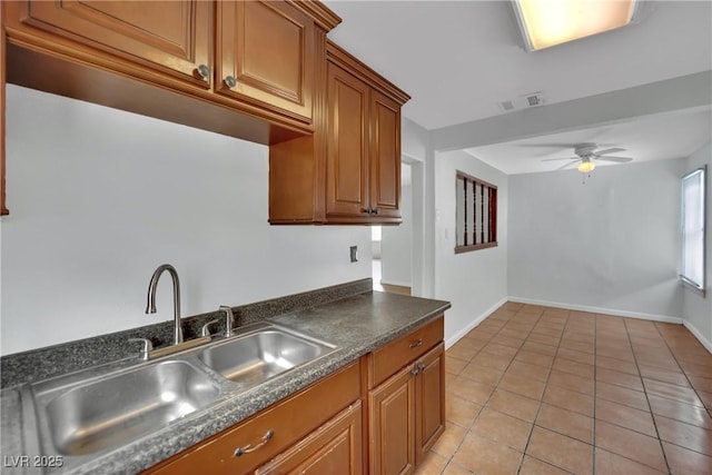 75 N 27th St, Las Vegas, NV 89101 - kitchen with a ceiling fan, dark countertops, brown cabinets, and light tile patterned floors