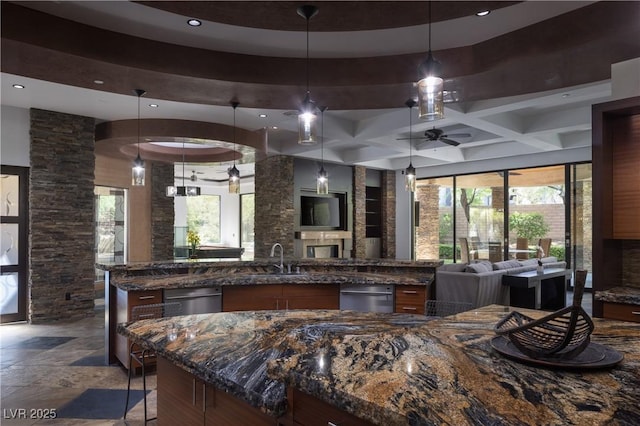 17 Soaring Bird Ct, Las Vegas, NV 89135 - kitchen with open floor plan, ceiling fan, recessed lighting, dishwasher, and dark stone counters
