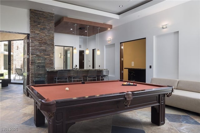 17 Soaring Bird Ct, Las Vegas, NV 89135 - recreation room featuring billiards, wet bar, and a towering ceiling