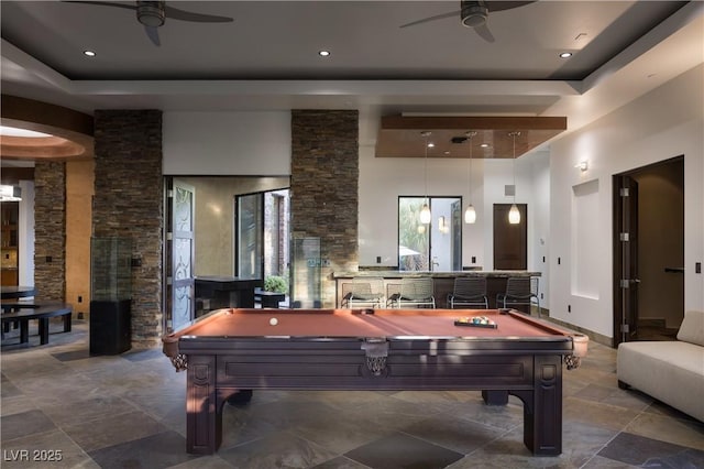 17 Soaring Bird Ct, Las Vegas, NV 89135 - playroom with a ceiling fan, a tray ceiling, billiards table, and a high ceiling