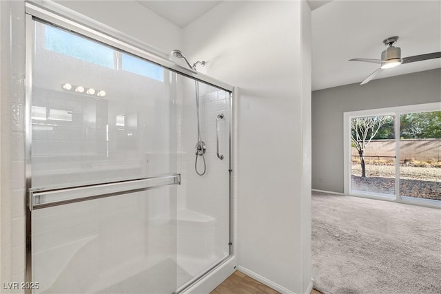 5338 Lignum Ave, Pahrump, NV 89061 - bathroom featuring a shower stall and ceiling fan