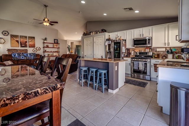 5028 Crying Heart St, North Las Vegas, NV 89031 - kitchen featuring appliances with stainless steel finishes, open floor plan, lofted ceiling, ceiling fan, and stone countertops
