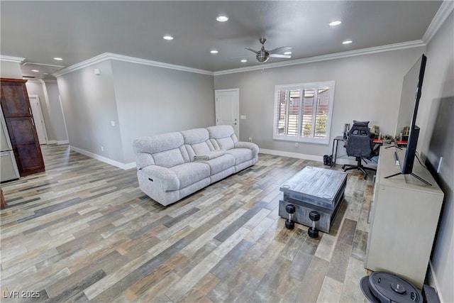210 Magnolia Blvd, Pahrump, NV 89048 - living room featuring ceiling fan, recessed lighting, light wood-type flooring, crown molding, and a desk